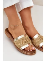 Skórzane Klapki Z Ozdobnym Detalem I Plecionką Zazoo 40426 Złote