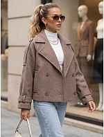 Krátky dámsky kabát s dvoma radmi gombíkov a opaskom, béžový, FashionStreet NY0793 Krátky dámsky kabát s dvoma radmi gombíkov a opaskom, béžový, FashionStreet NY0793