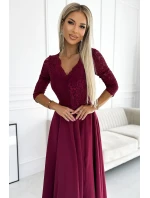 309-9 AMBER elegantné dlhé maxi šaty s čipkovým výstrihom - Bordeaux