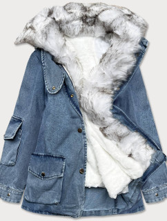 Svetlo modro / biela dámska džínsová bunda s kožušinovým golierom (BR9585-50026)