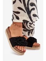Klapki Damskie Na Platformie Z Ozdobnymi Kwiatkami Czarne Tessara