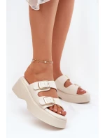 Klapki Damskie Na Koturnie I Platformie Z Klamrami Jasnobeżowe Nitarelia