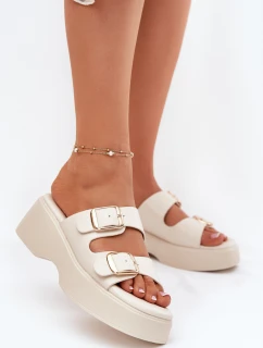 Klapki Damskie Na Koturnie I Platformie Z Klamrami Jasnobeżowe Nitarelia