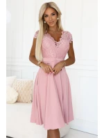 381-6 LINDA ľahké šifónové šaty s čipkovým výstrihom - BRUCE PINK