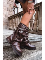 Kozaki Damskie Z Wywiniętą Cholewką Do Połowy Łydki Z Paskiem Czekoladowe Darisa