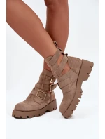 Botki Damskie Z Paskami I Złotymi Klamrami Beżowe Helisse