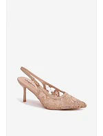 Dámské sandály na podpatku s krajkou tmavě béžové Pelivelle