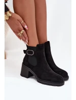 Ocieplane Botki Damskie Na Słupku Z Ozdobną Klamrą Czarne Melara