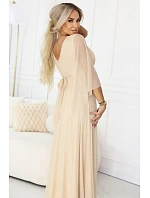 Dlhé ľahké trblietavé šaty 655-4 béžová - Numoco