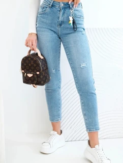 Dámske džínsy s vysokým pásom a jemným opotrebovaním modrej farby