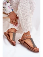 Płaskie Eleganckie Sandały Damskie Z Kryształkami Artiker 56C1365 Brązowe