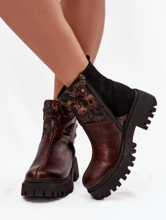 Kožené zateplené kotníkové boty na platformě a plochém podpatku Maciejka 06140-02 hnědé