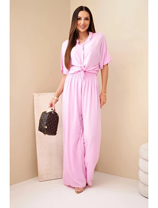 Dámska viskózna košeľová súprava so širokými nohavicami candy pink