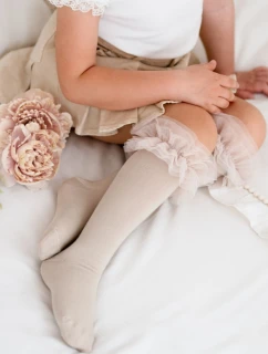 Bawełniane Podkolanówki Dziecięce Z Tiulem Beżowe