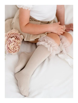 Bawełniane Podkolanówki Dziecięce Z Tiulem Beżowe