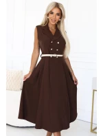 596-4 Elegantná midi košeľa so zlatými gombíkmi a opaskom - CHOCOLATE 596-4 Elegantná midi košeľa so zlatými gombíkmi a opaskom - CHOCOLATE