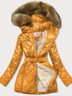 Žltá lesklá zimná bunda s machovou kožušinovou podšívkou (w756)