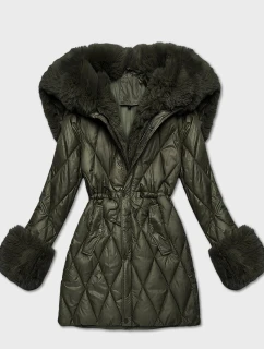Khaki bunda s kožušinovou kapucňou, ktorá tvorí golier (T3-2635#-22)