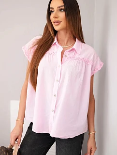 Dámska bavlnená košeľová blúzka s čipkou a krátkymi rukávmi candy pink