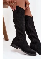 Kozaki Damskie Ażurowe Na Płaskim Obcasie S.Barski HY52-534 Czarne
