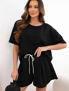 Dámska súprava z viskózy v maslovom prevedení s krátkymi rukávmi a šortkami s vysokým pásom čierna