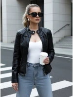 Dámska kožená bunda so stojatým golierom čierna FashionStreet TY5455