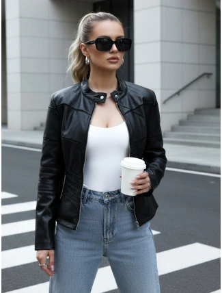 Dámska kožená bunda so stojatým golierom čierna FashionStreet TY5455