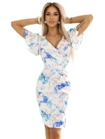 479-8 Šaty NINA s obálkovým výstrihom, rukávmi a opaskom - BLUE FLOWERS