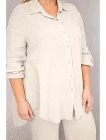 Dámsky mušelínový set s košeľou s gombíkmi a širokými nohavicami v béžovej farbe