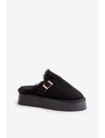 Kapcie Damskie Na Grubej Podeszwie Z Futerkiem I Klamrą Czarne Linneola