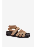 Eko Zamszowe Sandały Damskie Z Rzepami Ciemnobeżowe Valpera