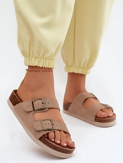 Kožené semišové dámské pantofle s přezkami tmavě béžové Rosaliae