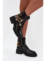 Lakierowane Botki Workery Damskie Ze Złotym Łańcuchem Ocieplane Czarne Sarinae