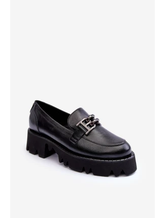 Damskie Skórzane Półbuty Loafersy Z Ozdobą Laura Messi 2699 Czarne