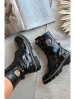 Lakierowane Botki Workery Damskie Ze Złotym Detalem Ocieplane Czarne Dorialine