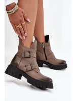 Dámske kožené zateplené členkové topánky s prackami a ozdobnými detailmi Zazoo 60482 dark beige