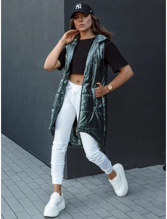 Dámska prešívaná vesta s kapucňou dlhá MERIS tmavozelená FashionStreet TY4425 Dámska prešívaná vesta s kapucňou dlhá MERIS tmavozelená FashionStreet TY4425