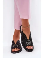 Skórzane Sandały Na Płaskim Obcasie Z Ozdobą S.Barski KV51-094 Czarne