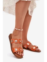 Klapki Damskie Ze Złotymi Przypinkami Pomarańczowe Jenoriela