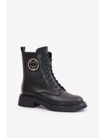 Skórzane Botki Workery Ocieplane Na Zamek Z Ozdobą Czarne Lorevine