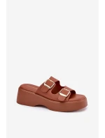 Klapki Damskie Na Koturnie I Platformie Z Klamrami Camel Nitarelia