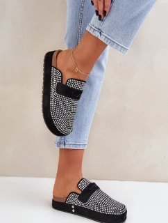 Klapki Damskie Zdobione Cyrkoniami Na Platformie Czarne Deorani