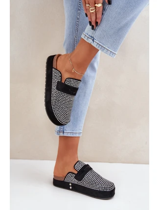 Klapki Damskie Zdobione Cyrkoniami Na Platformie Czarne Deorani