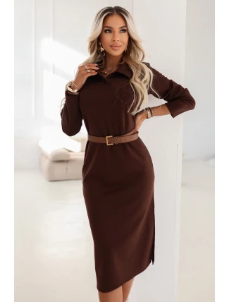 649-1 Elegantné midi šaty s golierom a bočným rozparkom - čokoládové
