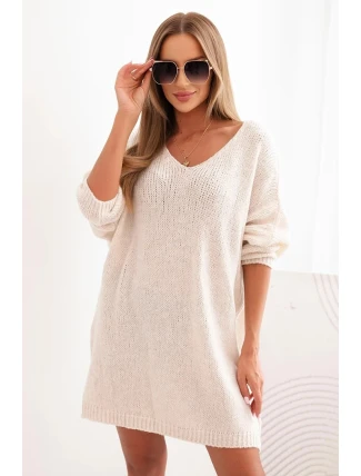 Dámske pletené vlnené šaty vo veľkosti plus size s výstrihom do V, svetlo béžové
