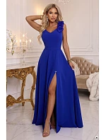 643-8 Elegantné večerné maxi šaty s rozparkom a ružami – chrpa 643-8 Elegantné večerné maxi šaty s rozparkom a ružami – chrpa