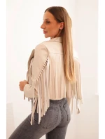 Dámska bunda z ekokože so strapcami v béžovej farbe v boho štýle
