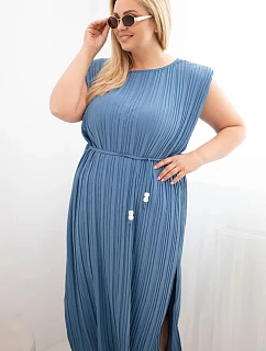 Plus size dámske šaty z viskózy, plisované, s džínsovou kravatou