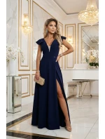 660-1 Elegantné maxi šaty s volánmi, hlbokým výstrihom a rozparkom na nohách - tmavomodré