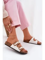 Materiałowe Klapki Damskie Na Korkowej Platformie Z Klamrami Białe Osoffe